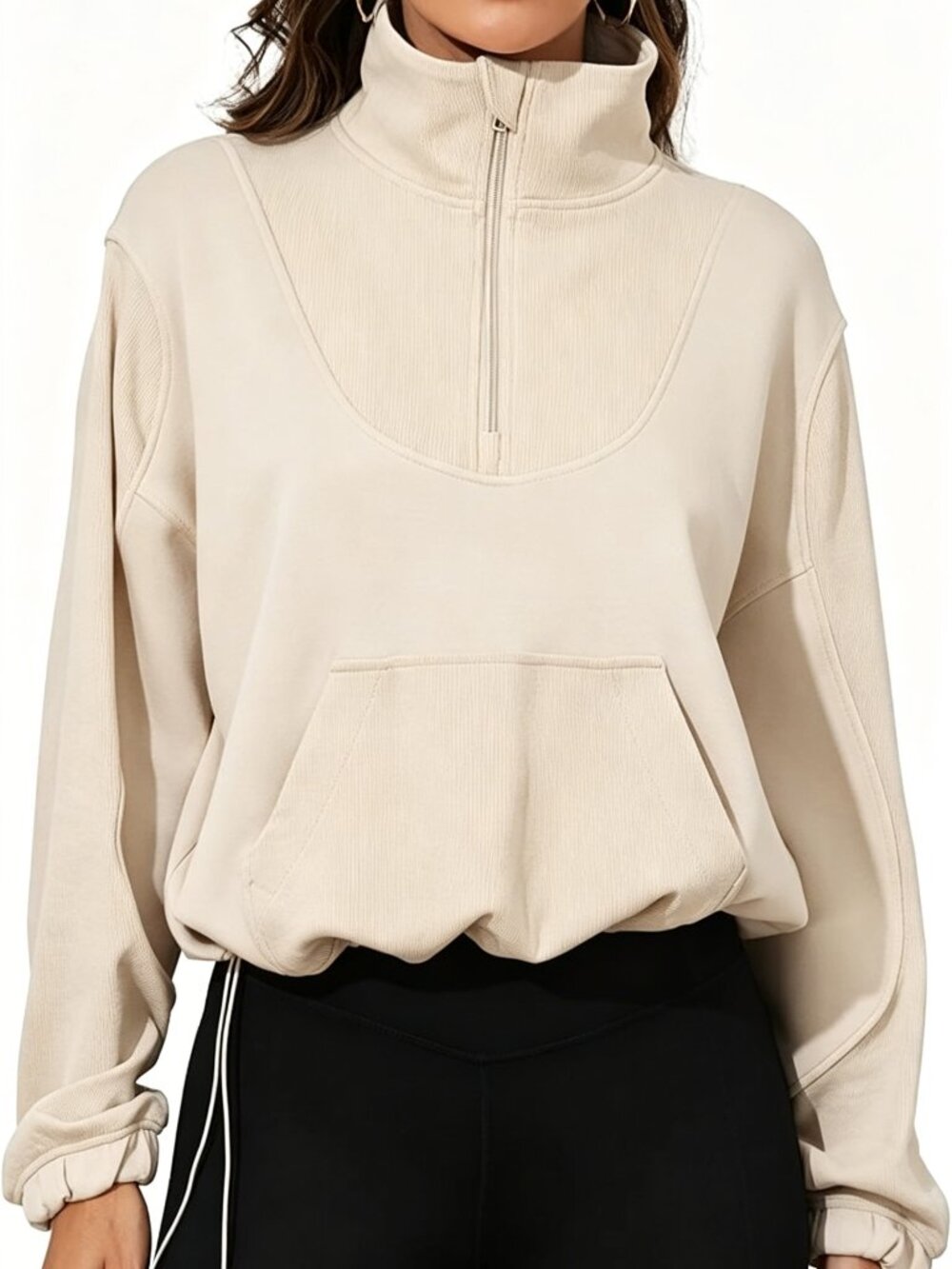 Womens Cropped Half Zip Sweatshirt Pullover Stand Collar Ribbed Quarter